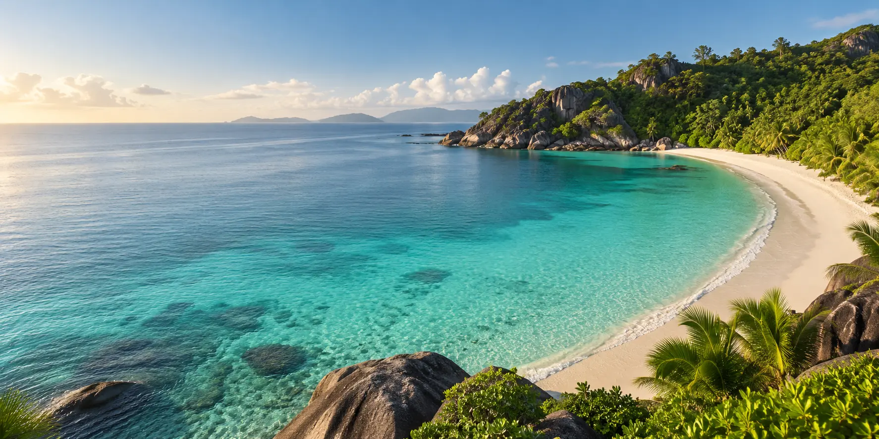 A turquoise bay curving around a white-sand tropical beach